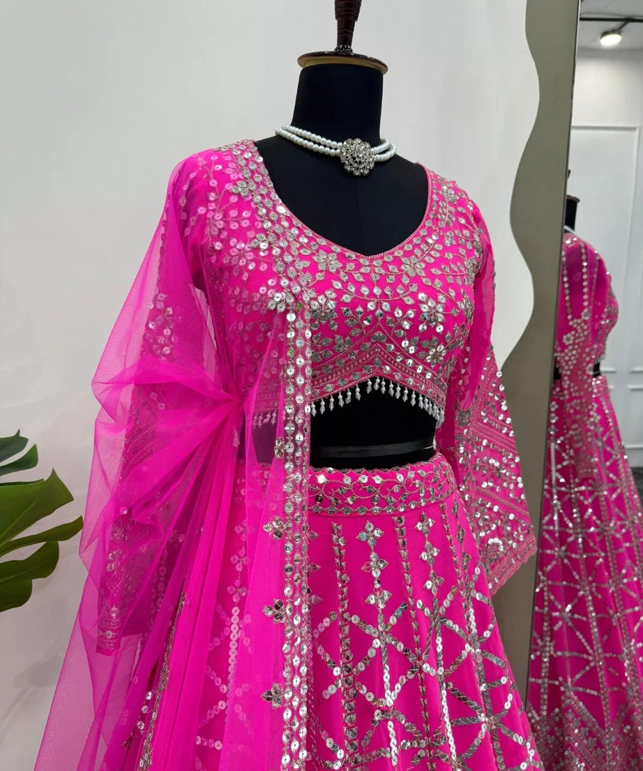 Pink Traditional Wedding Georgette With Thread Work Lehenga Blouse & Dupatta