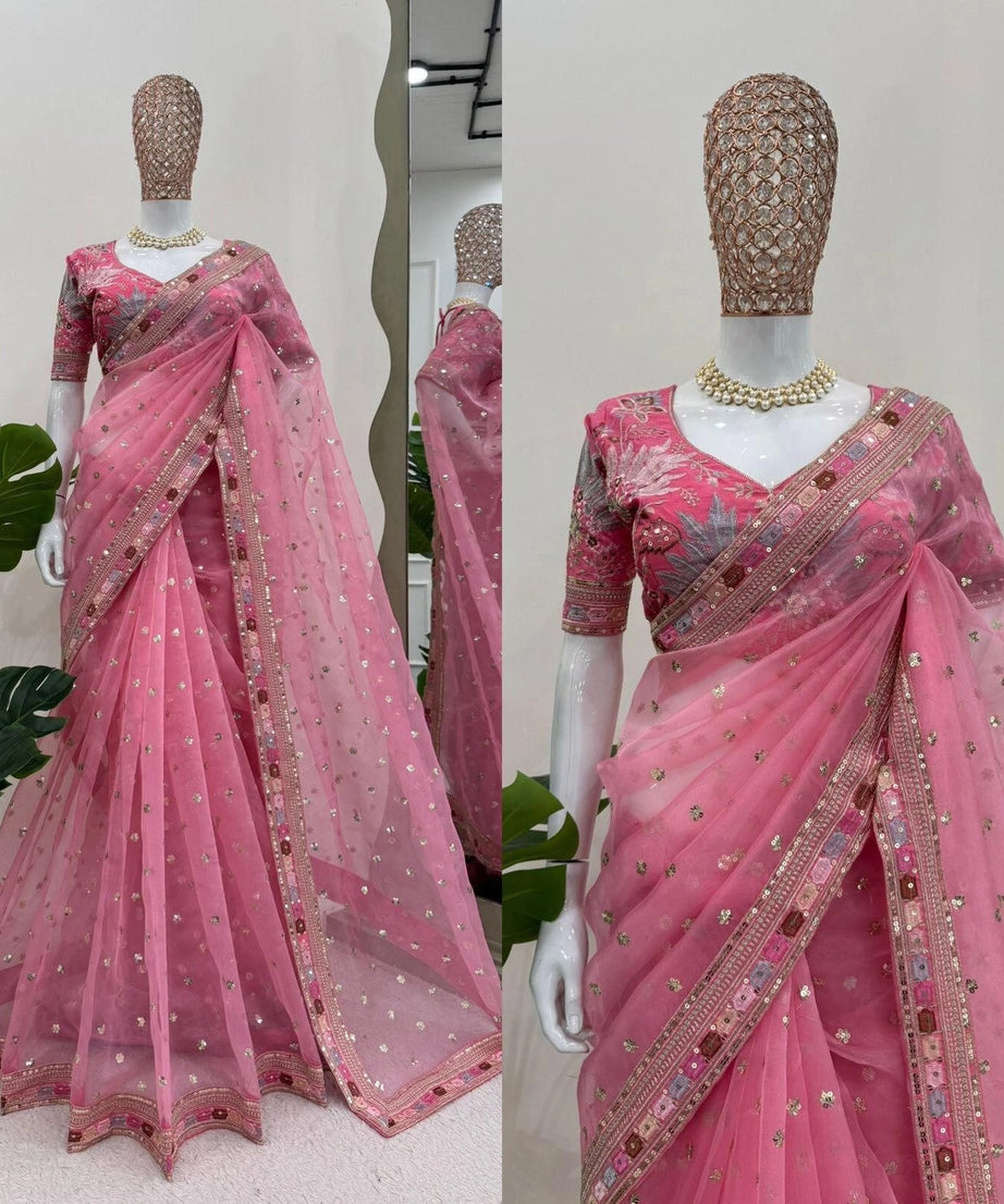 Pink Heavy Soft Tissue Organza Silk Saree, Wedding Wear Sari With Blouse