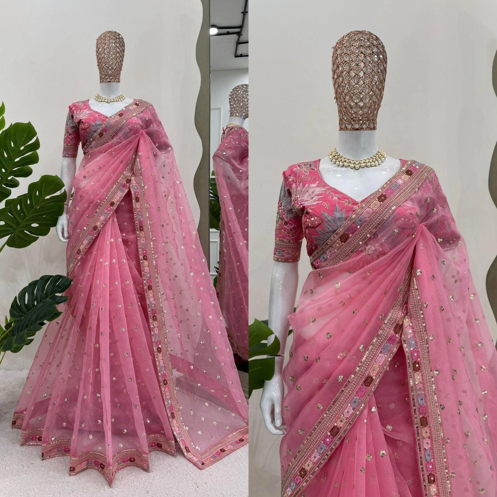 Pink Heavy Soft Tissue Organza Silk Saree, Wedding Wear Sari With Blouse