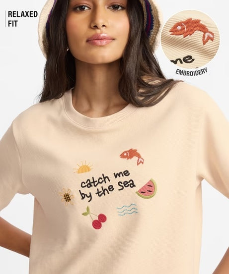 By The Sea Textured Women Relaxed Fit T-Shirts