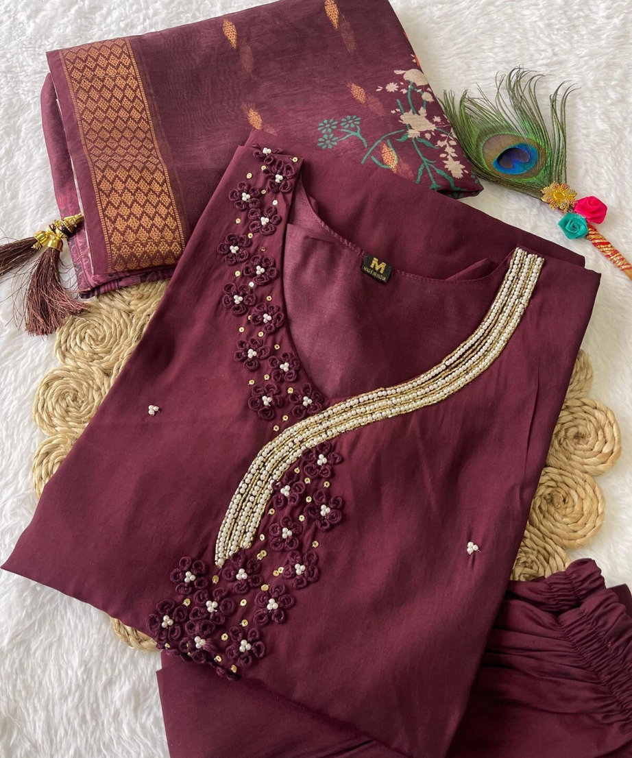 Trending Women's wear Full Stitched Premium Roman SilkTop Pant & Dupatta Set