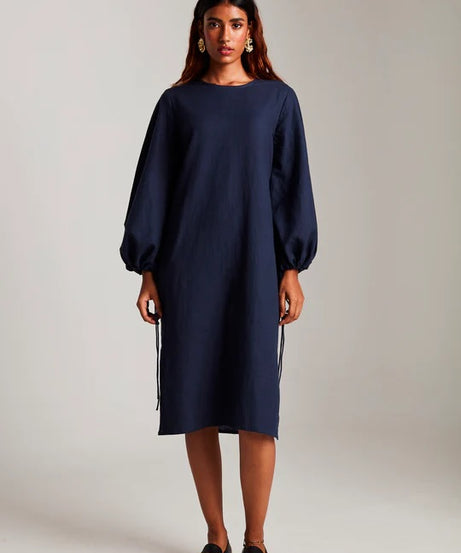 Navy Co-Linen Balloon Sleeves Dress