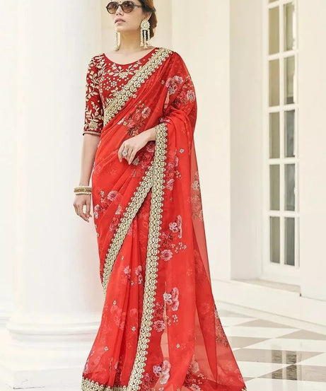 Soft Vichitra Silk Embroidery Sequence Coding Work Saree With Blouse