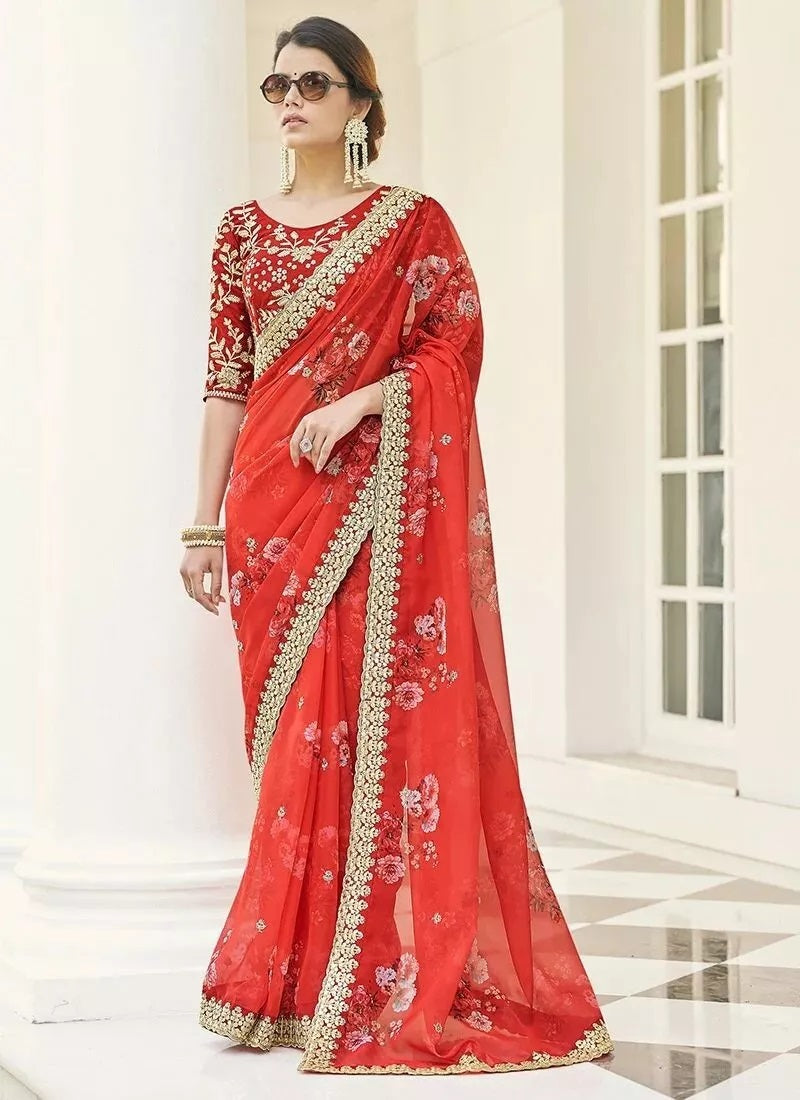 Soft Vichitra Silk Embroidery Sequence Work Saree With Blouse