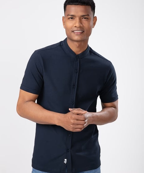 Mandarin Navy Blue Knit Shirts