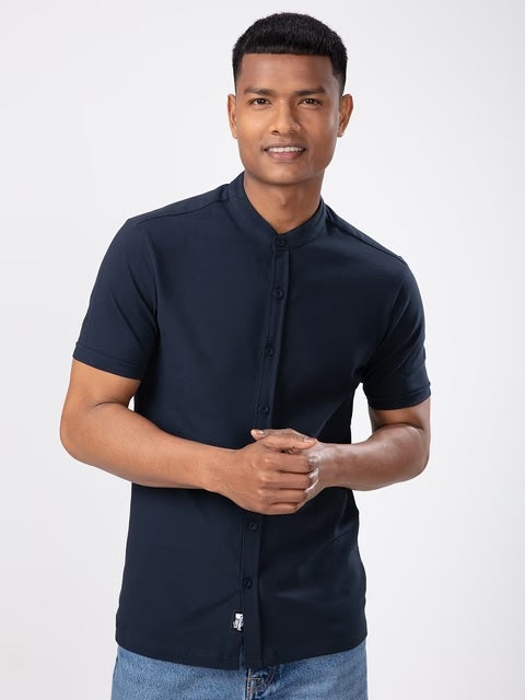 Mandarin Navy Blue Knit Shirts
