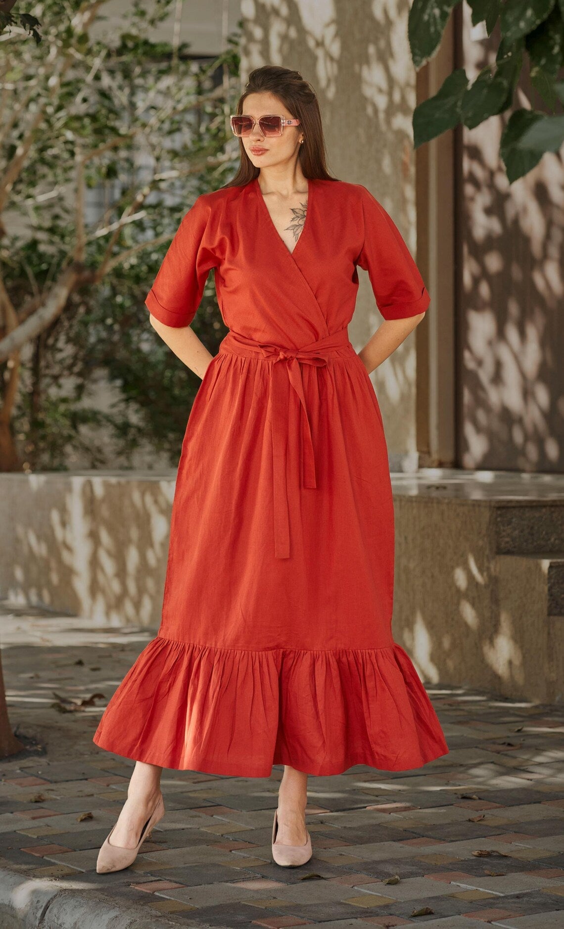 Linen V- Neck half Sleeve With Adjustable Maxi Dress