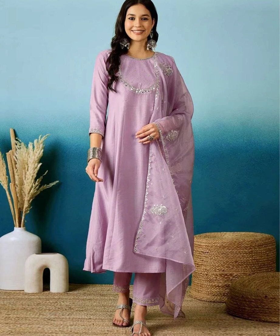 Beautiful Trending Silk Blend With Embroidy Work Kurti/Bottom With Dupatta Set 12-BS