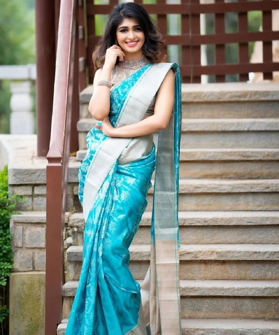 Sky Blue Latest Designer Exclusive Wedding Saree With Blouse