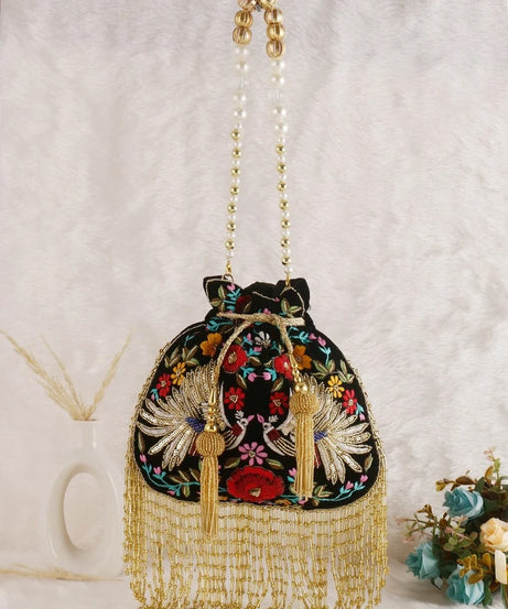 Black Embellished with Indian Hand Work Potli Bag