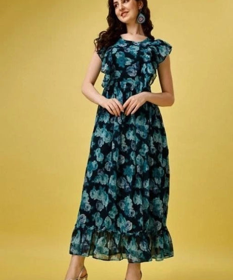 Elegant Beautiful Georgette Printed Long Flared Dress Gown
