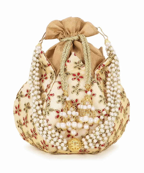 Lotus Floral Embroidered Faux Silk Potli Handbag