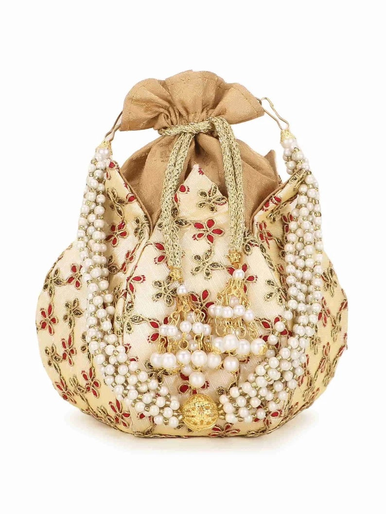 Lotus Floral Embroidered Faux Silk Potli Handbag