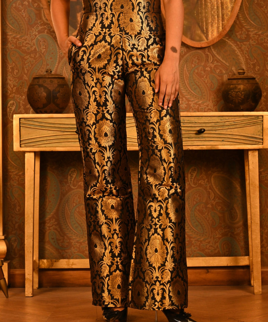 Luxury Black Gold Floral Brocade Pants for Women