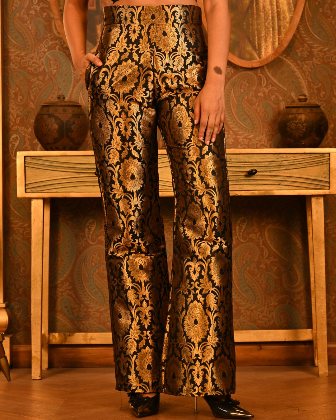 Luxury Black Gold Floral Brocade Pants for Women