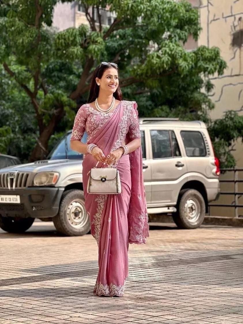 Pink Pure Chinon Silk With Embroidery Work Sari & Blouse