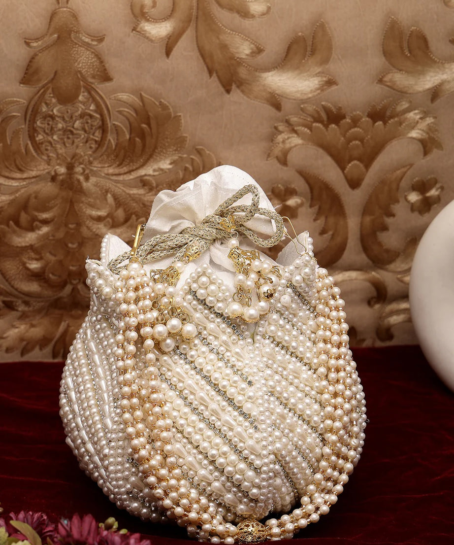 Lotus Pearl Embellished Faux Silk Potli Bag