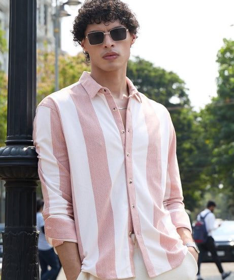 Textured Stripes Cerise Men Textured Shirts