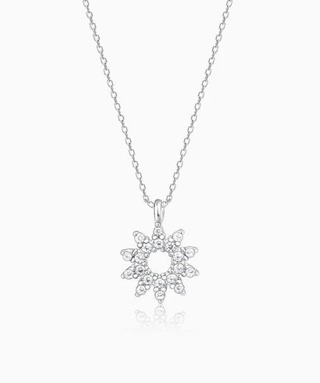 Sliver Sparkling Floral Pendant With Link Chain