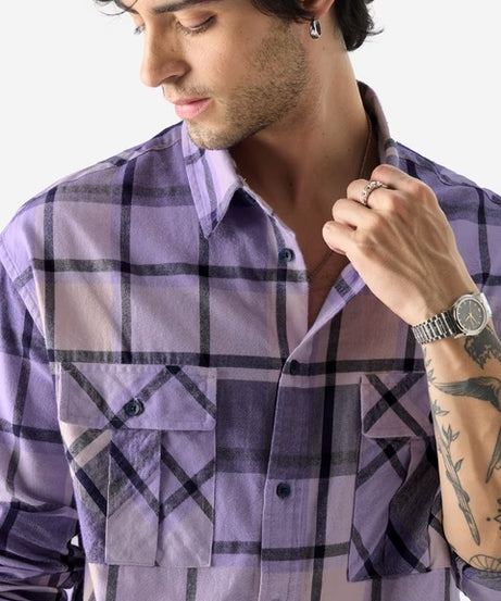 Plaid Purple And Black Men Utility Shirts