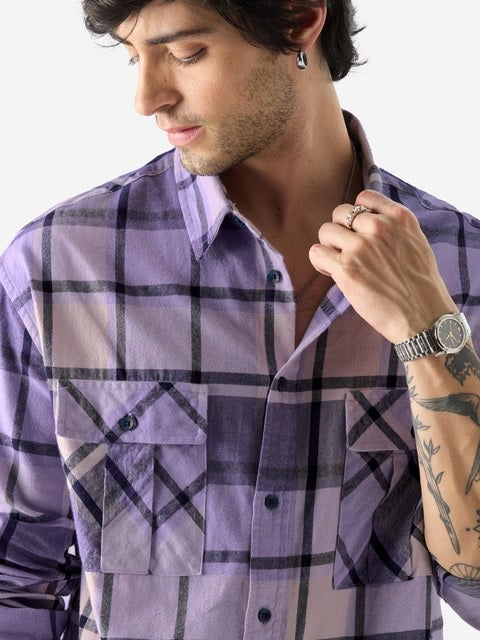 Plaid Purple And Black Men Utility Shirts