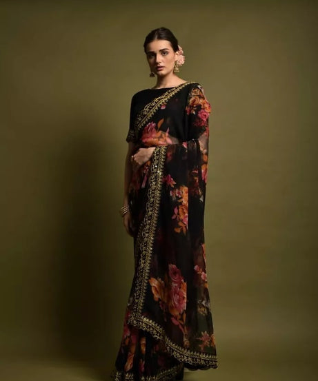 Georgette With Embroidery Work Printed Sari & Blouse