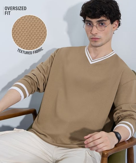 Textured Varsity Beige Oversized Full Sleeve T-Shirts