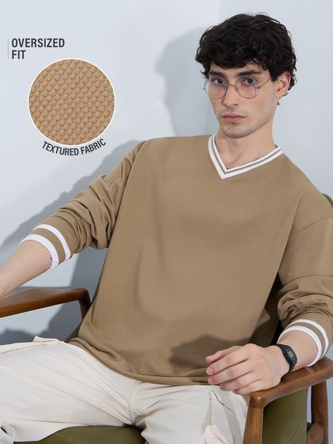 Textured Varsity Beige Oversized Full Sleeve T-Shirts