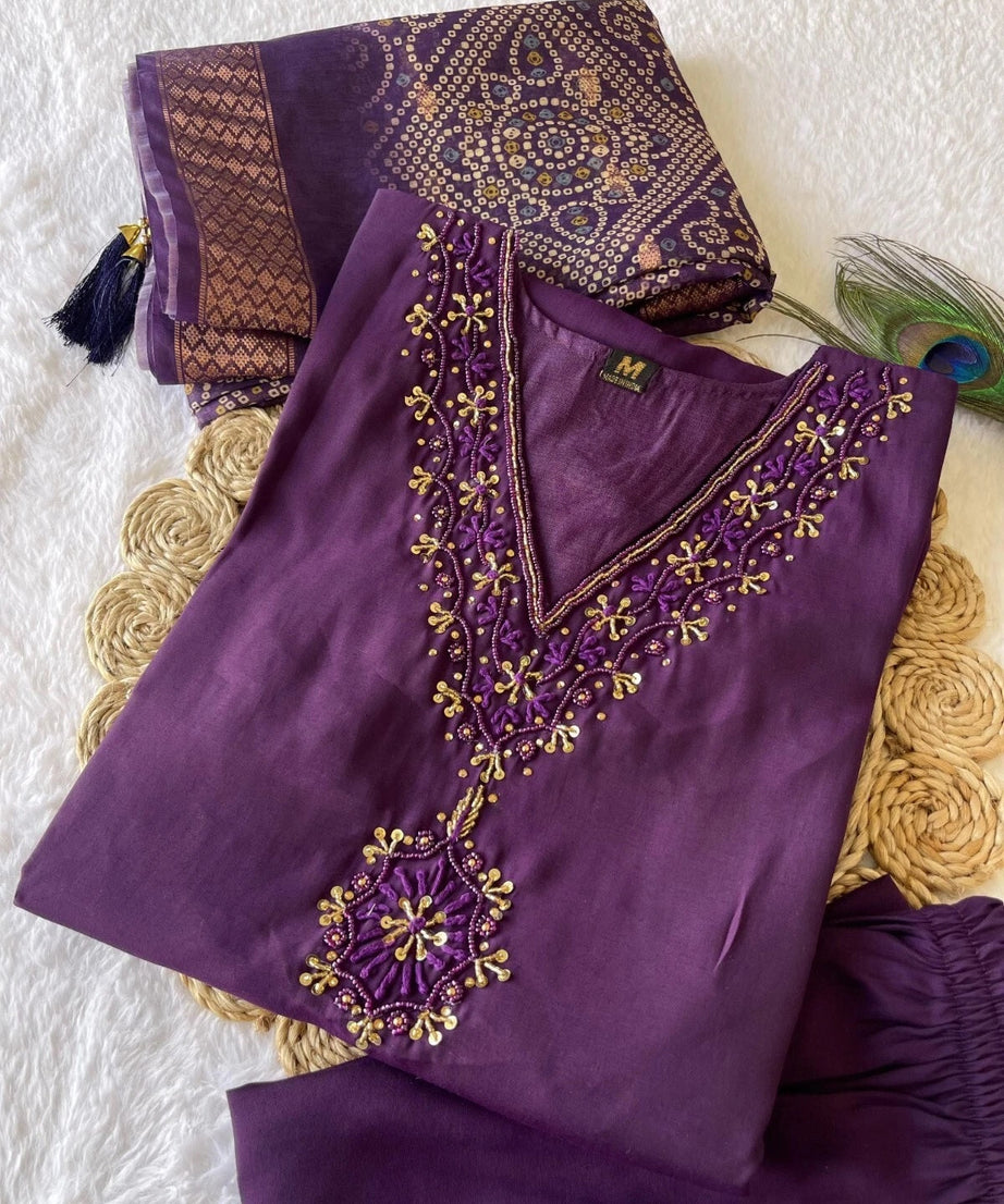 Premium Roman Silk Full Stitched Top Pant & Dupatta