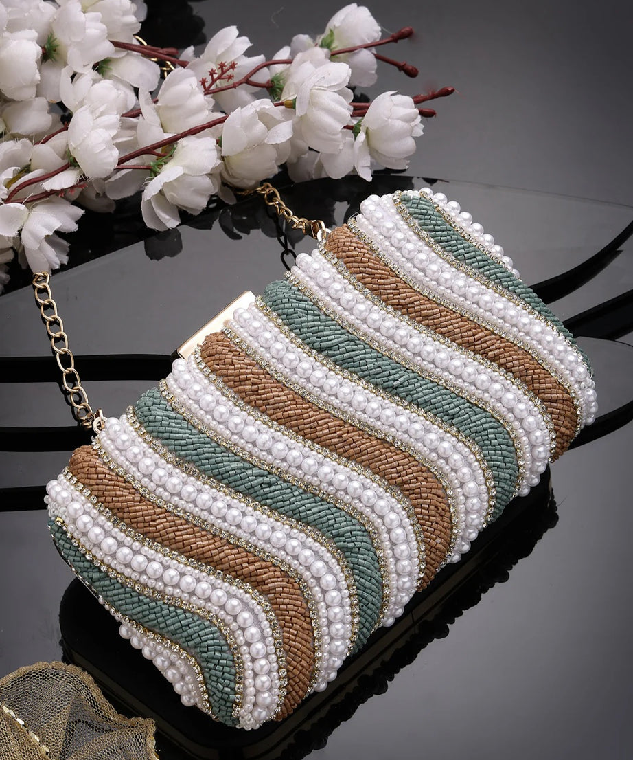 Adorn Wave Embellished Faux Silk Clutch