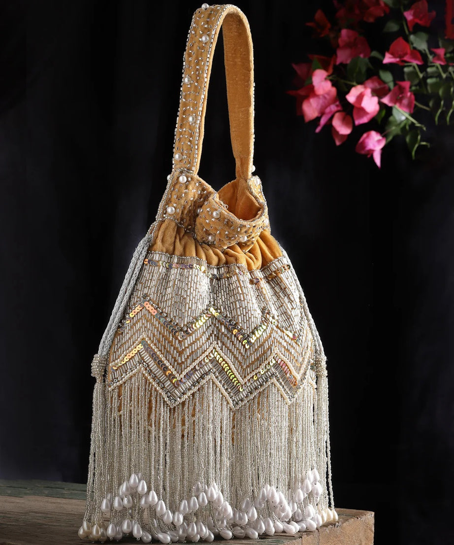 Droop Chevron Embellished Velvet Potli Bag