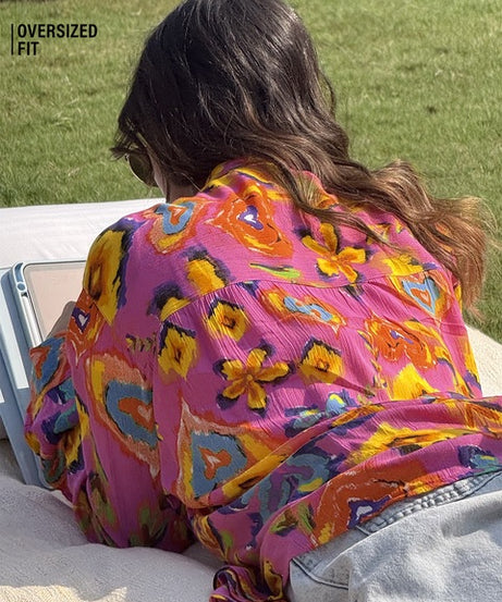 Textured Shirt  Floral Bloom Women Boyfriend Shirts