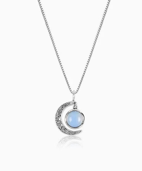 Oxidised Silver Moonstone Crescent Pendant with Box Chain