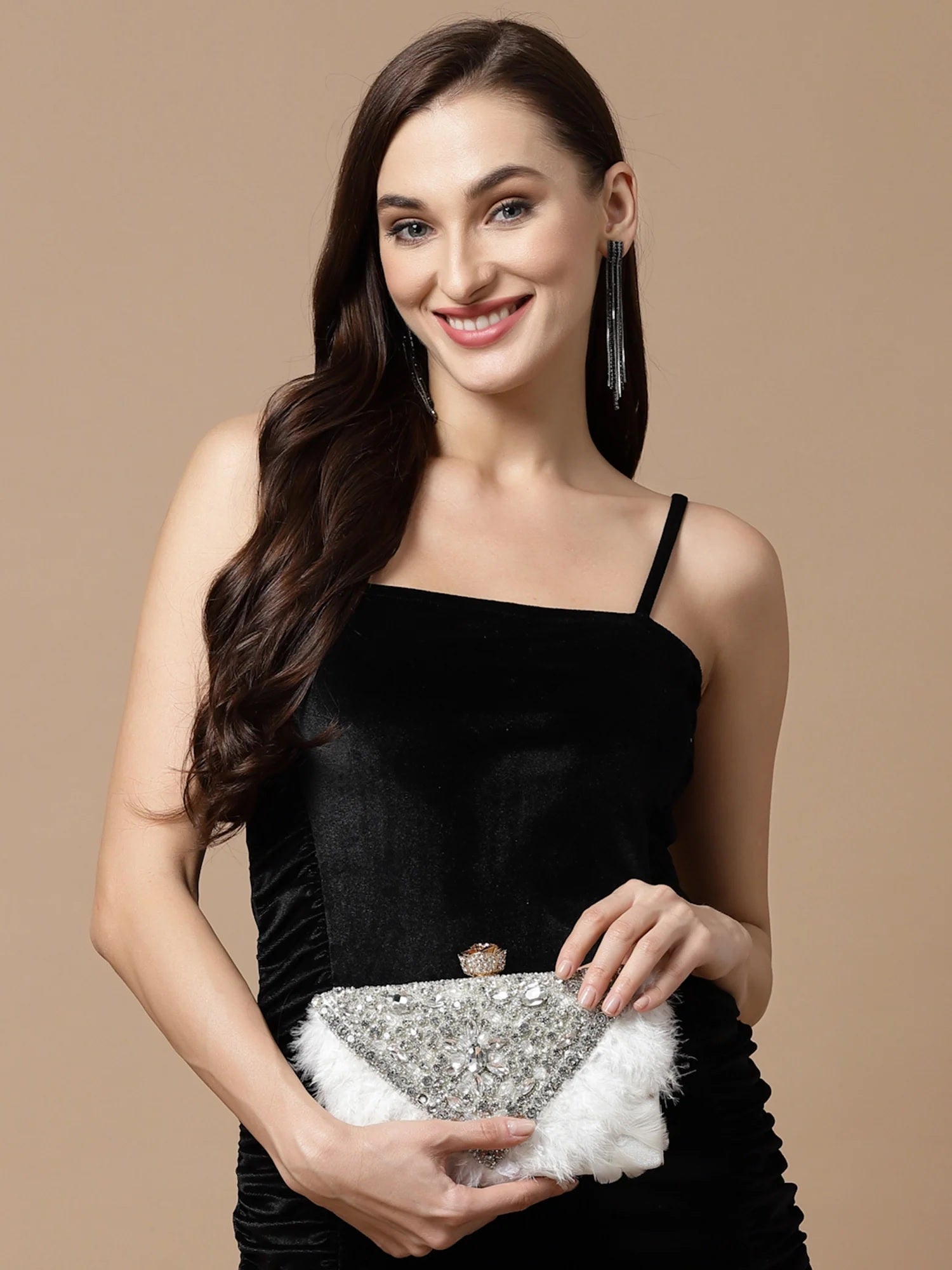 Feather Stone Work Embellished Velvet Box Clutch