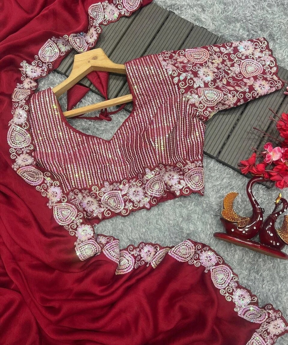 Soft Rangoli Silk With Embroidery,Sequence Work Wedding Party Wear Saree With Blouse11-KK