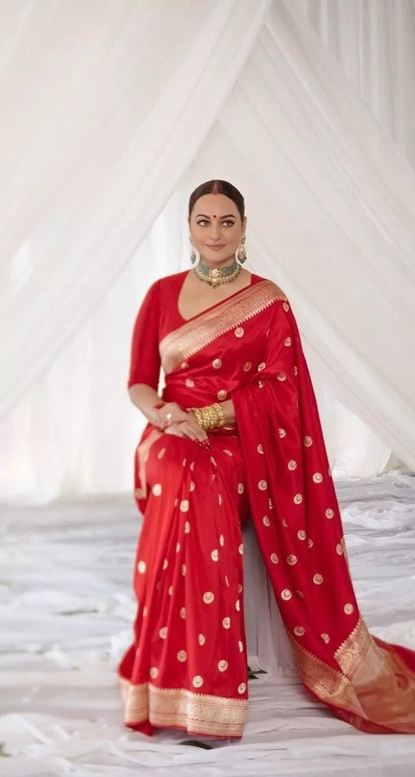 Red Banarasi Soft Silk Wedding Function Sari With Blouse