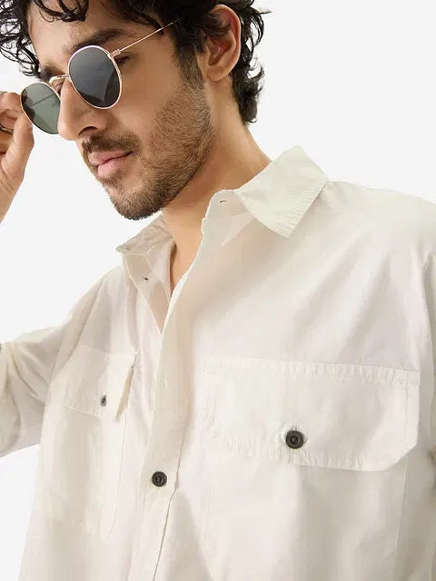 Solids Off White Men Utility Shirts