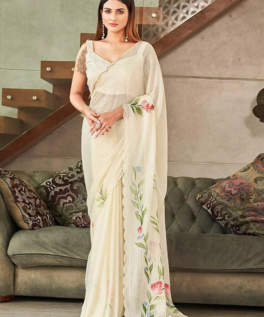 Indian Ethnic Wear Moss Chiffon Saree With Blouse, Traditional Sari