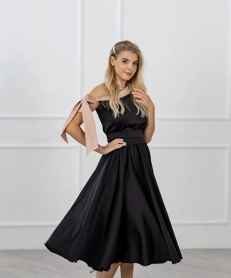 Satin Black Bridesmaid Dress - One Shoulder Satin Dress