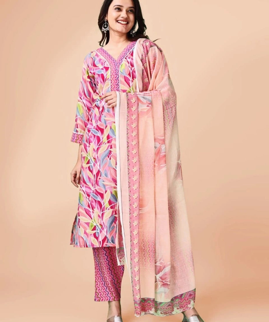 Heavy Cotton Blend Digital Print Kurti-Pant with Dupatta Women's 12-VZ