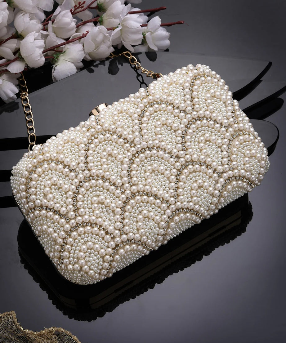 Pearl Embellished Corduroy Clutch