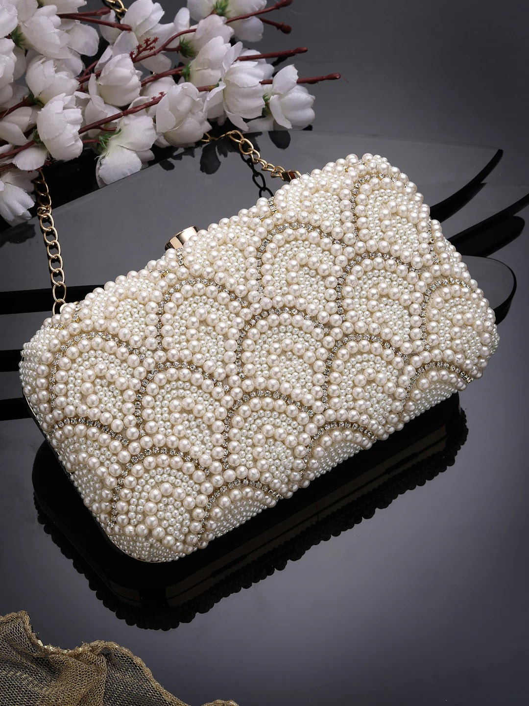 Pearl Embellished Corduroy Clutch