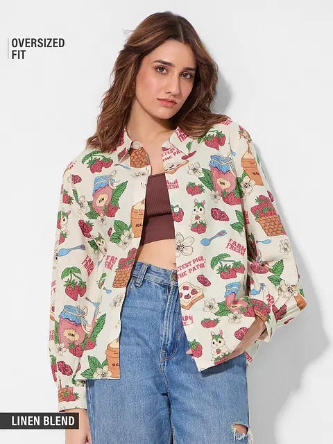 Cotton Linen Strawberry Women Boyfriend Shirts