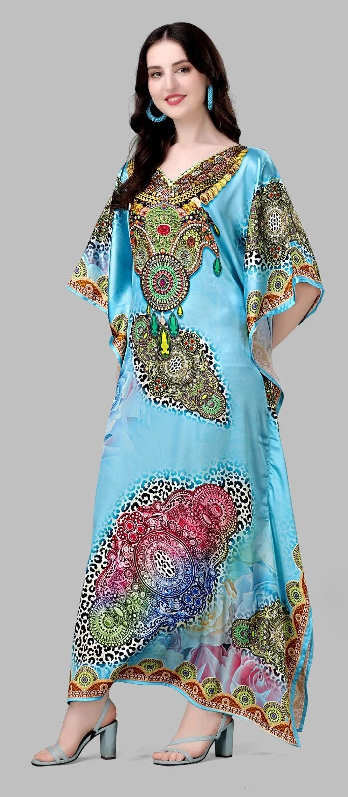 Free Size Beach Kaftan Dresses for Women Print V-Neck Long Swimsuit Cover Ups