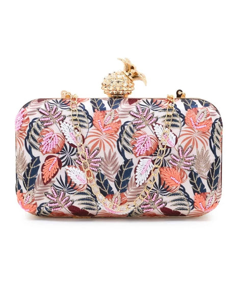 New Printed Satin Botanical Embroidered Clutch