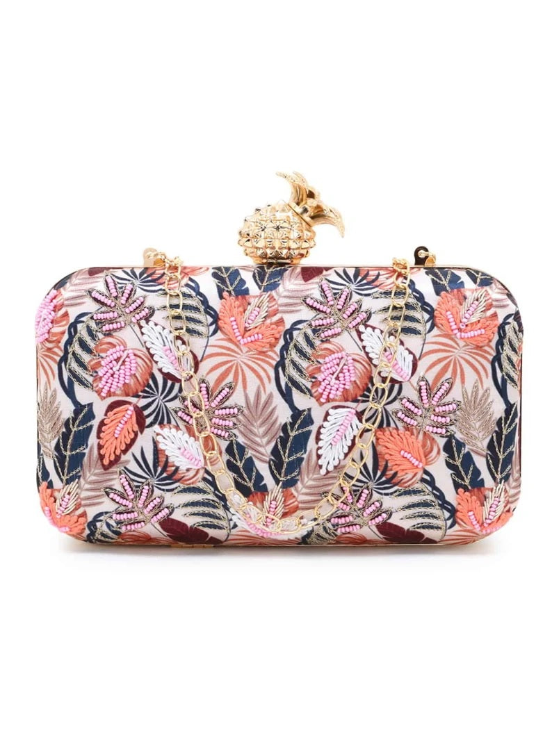New Printed Satin Botanical Embroidered Clutch