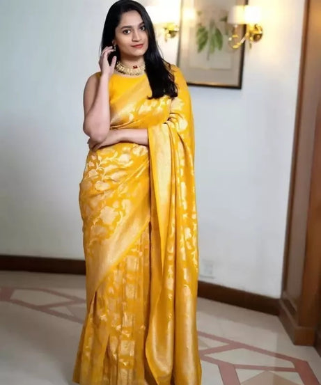 Yellow Traditional Banarasi Soft Silk Saree With Blouse