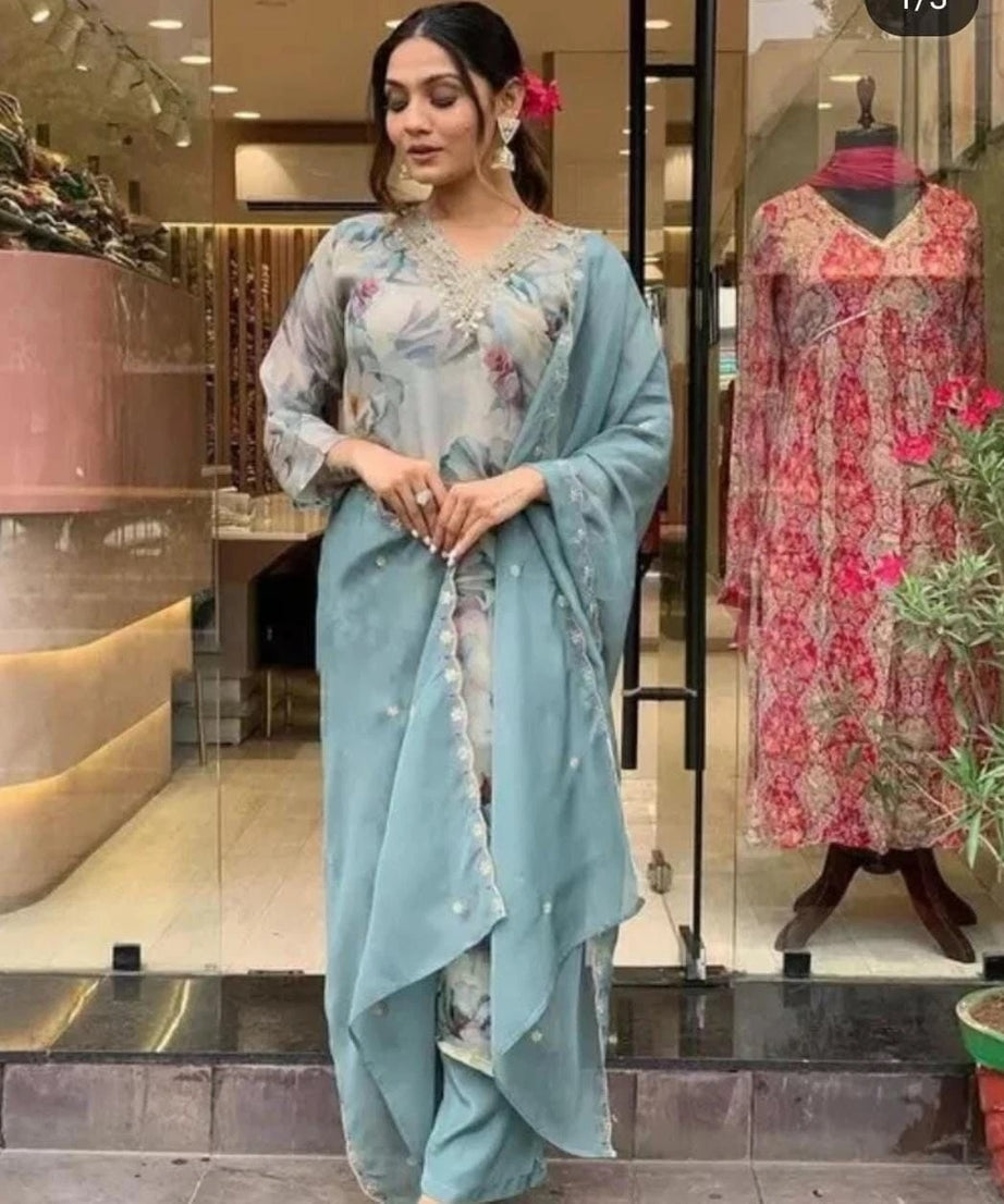 Classic Ethnic Pure Tabby Embroidery Work Kurti Bottom & Dupatta Set