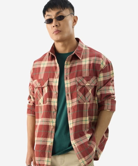 Checks Almond Cream Men Utility Shirts