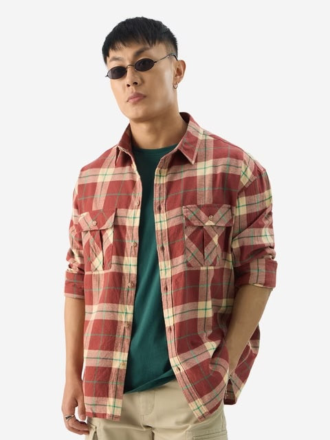 Checks Almond Cream Men Utility Shirts